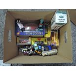 A box of modern diecasts including Sunnyside 1:16 scale Mini Cooper, boxed, Matchbox Super Kings