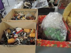 Three boxes of Timpo, Britains and similar plastic Western figures, horses and animals, farm, zoo