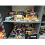 Two shelves of modern diecasts including Matchbox Models of Yesteryear, Anson 1:18 diecast Lotus