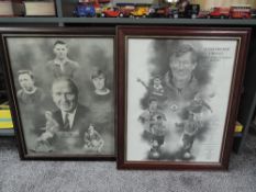 Two framed and glazed prints, Manchester United, Sir Matt Busby 1909-1994, bearing signature Steve