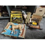 A shelf of mixed Toys including Marx Thunderbolt Western Range plastic Horse in original box,