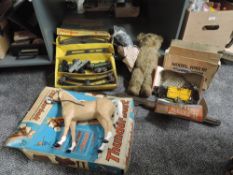 A shelf of mixed Toys including Marx Thunderbolt Western Range plastic Horse in original box,