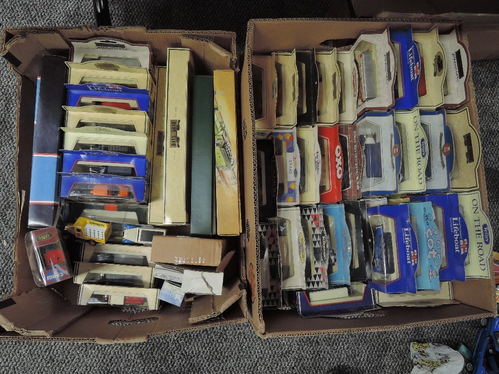 Two boxes containing 115 Lledo, Models of Yesteryear and similar diecasts including Dambusters,