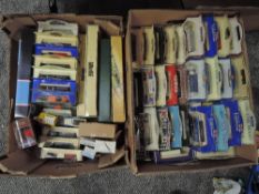 Two boxes containing 115 Lledo, Models of Yesteryear and similar diecasts including Dambusters,