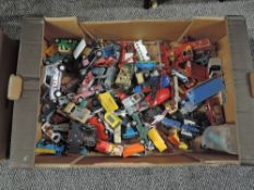 A box of playworn diecasts including Corgi, Dinky, Britains etc