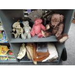 Two shelves containing four Mohair and Plush Teddy Bears, not completed along with extra Mohair to