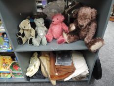 Two shelves containing four Mohair and Plush Teddy Bears, not completed along with extra Mohair to
