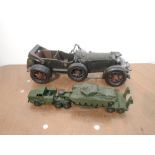 Two Dinky diecasts, Tank Transporter and Centurion Tank along with a reproduction tin plate model,