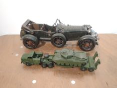 Two Dinky diecasts, Tank Transporter and Centurion Tank along with a reproduction tin plate model,