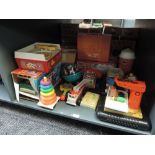A shelf of 1970's Fisher Price and similar plastic Toys including Camper, Farm, Record Player,