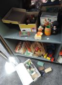 Two shelves of 1970's and later Toys & Games including Dolls House Furniture, Walt Disney Combex