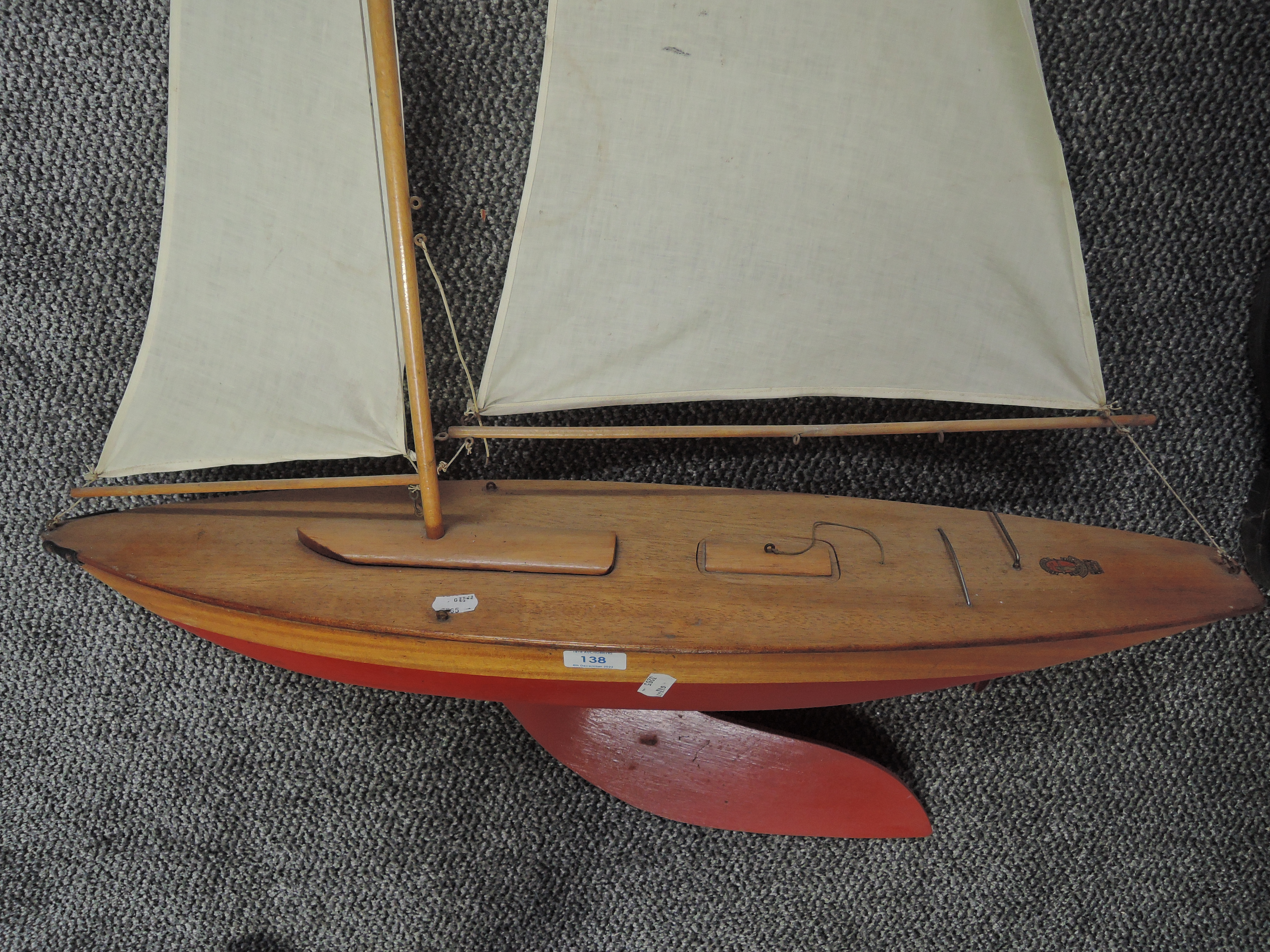 A Bowman wooden model Racing Yacht, height 150cm approx, length 70cm approx, on wooden stand - Image 3 of 6