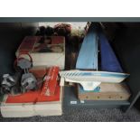 A shelf of vintage Toys and Games including Chad Valley tin plate Soccer, boxed, Singer Little