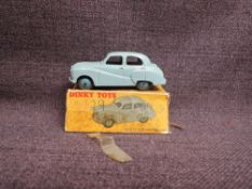 A Dinky diecast, 161 Austin Somerset, Light Blue and Dark Blue Hubs in original box, missing both