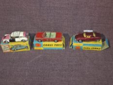 Three Corgi diecasts, 259 Le Dandy Coupe in metallic maroon with yellow interior (af), 475 Citroen