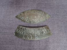 Two Railway related Brass Name Plates, T Fothergill LNER Ravenstonedale Stn and Ravenstonedale, both