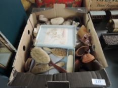 A box of mixed vintage Dolls Shoes, early to modern along with a hair brush set in box