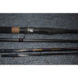 An unmarked 3pc carbon fiber rod in a Shimano Stradic sleeveand a Drennan Legermaster 11ft 4 in Rod