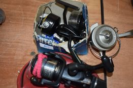 2 Vintage fishing reels by Mitchell and Omnia and a shimano 5000 RE Reel