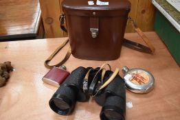 A Pair of Carl Zeiss Jena 10x50 jenoptem cased binoculars and two small hip flasks