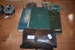 A selection of small fishing flies including tin and leather wallet and 5 fly fishing related