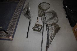 4 vintage Landing nets a line dryer and a gaff