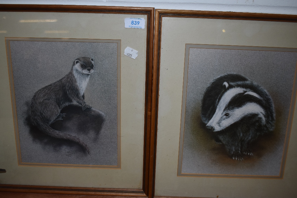 Two prints by Sue Wills one of an otter and one of a Badger