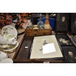 A mixed lot of vintage and antique items to include carved tray, advertising crate for Galtree