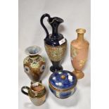 A selection of antique Royal Doulton wares including small jug, Ewer, Peach Glaze vase AF, lidded