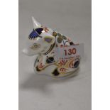 A Royal Crown Derby Imari pattern paperweight, in the form of a seated piglet, gold coloured stopper
