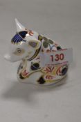 A Royal Crown Derby Imari pattern paperweight, in the form of a seated piglet, gold coloured stopper