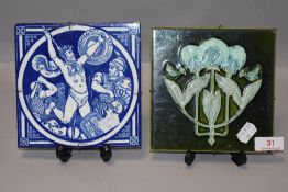 Two antique tiles including a Minton John Moyr design and an Art Nouveau pattern AF