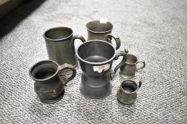 Six Pewter tankards, Victorian to 1950s approx.
