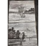 Two vintage Oriental metallic canvases depicting mountain and boat scenes.