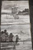 Two vintage Oriental metallic canvases depicting mountain and boat scenes.