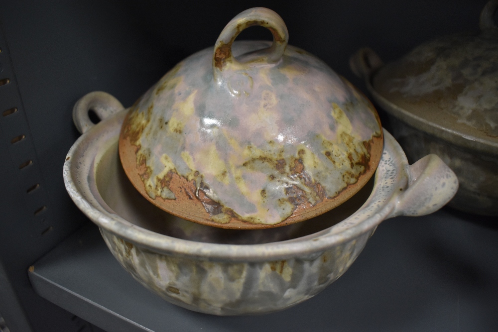 Four studio pottery tureens having naturalistic drip glazes, unsure of the maker but marked R. All - Image 2 of 2