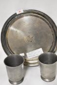 Two Orsova Orient line pewter beakers with a P&O Orient line cocktail tray by Mappin and Webb
