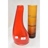 Two mid century art glass vases including Krosno red teardrop and unmarked orange and black drip