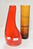 Two mid century art glass vases including Krosno red teardrop and unmarked orange and black drip