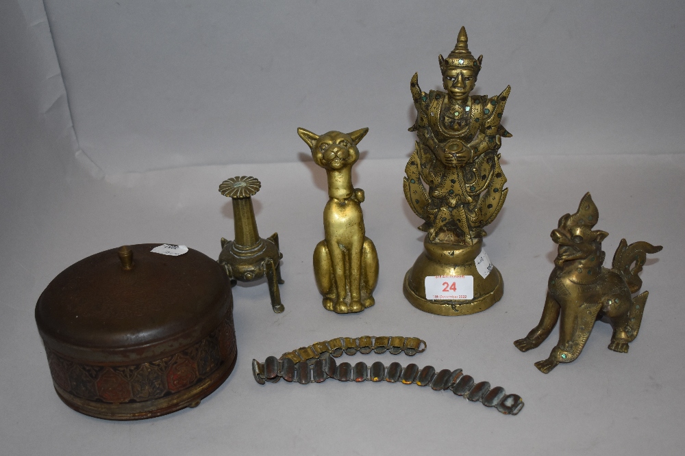 A selection of Indian brass wares including mythical creatures, incense stand and deity