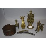 A selection of Indian brass wares including mythical creatures, incense stand and deity
