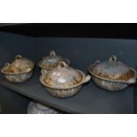 Four studio pottery tureens having naturalistic drip glazes, unsure of the maker but marked R. All