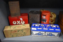 A selection of early 20th century advertising tins for Ridgways, Thrift box, OXO and Fullers