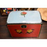 A mid century hand-painted dome-topped trunk, decorated with roses and date 1960