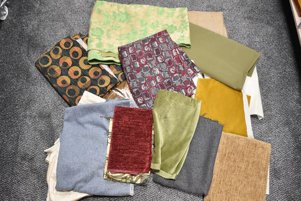 A box of good quality upholstery fabrics, including vintage and modern