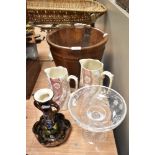 A turned oak waste paper basket, two Victorian jugs, an etched glass compote, and Torquay ware