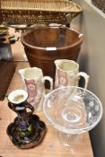 A turned oak waste paper basket, two Victorian jugs, an etched glass compote, and Torquay ware