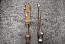 Two vintage thistle headed bell clappers, purported to be from a church in Billinge, near St Helen
