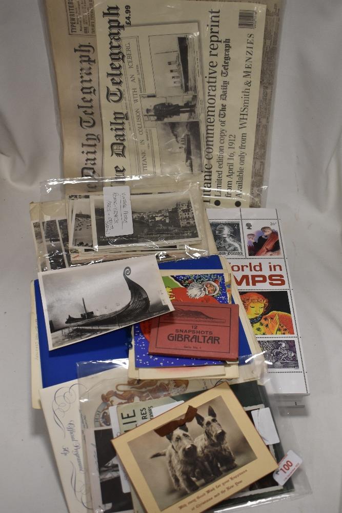 A collection of Ephemera including reproduction Daily Telegraph sinking of the Titanic, vintage