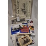 A collection of Ephemera including reproduction Daily Telegraph sinking of the Titanic, vintage